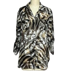 Quintessential Women’s Animal Tiger Long Tunic Semi Sheer Blouse Art to Wear L